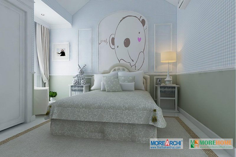 Bức tường phòng ngủ được biến hóa với giấy dán tường hình kể ô nhẹ nhàng, năng động