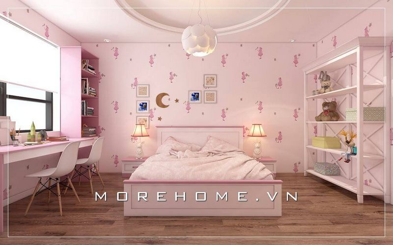 Mẫu kệ decor màu hồng bằng gỗ công nghiệp cho phòng ngủ của bé gái